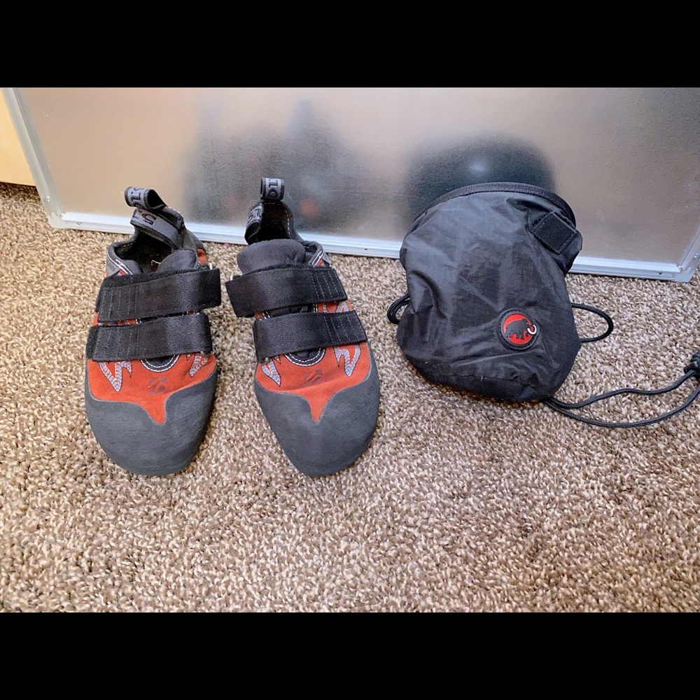 5.10 Stonelands Women’s climbing shoes size 6.5 and Mammut Sports chalk bag.
